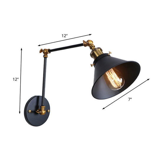 Industrial Swing Arm Wall Sconce - Conic Study Room Lamp (1 Bulb) - Black/Brass Metallic Finish