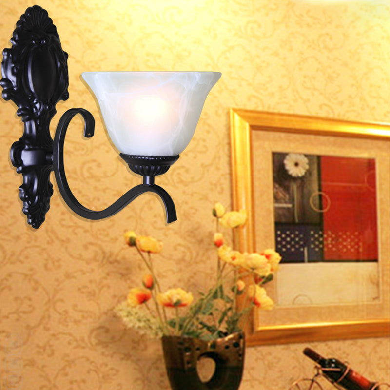 Vintage Black Bell Frost Glass Wall Light Fixture with Single Bulb for Corridor