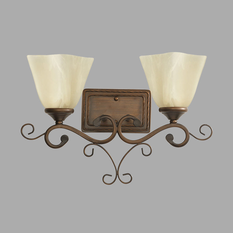 Rustic Beige Glass Bell Shaped Wall Lamp with Dual Heads - Brown Bedroom Wall Light Fixture