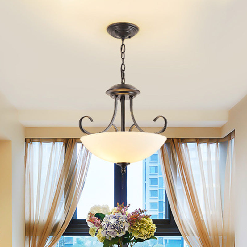 Iron Swirled Arm Retro Ceiling Light for Dining Room with 3 Heads and White Glass Shade