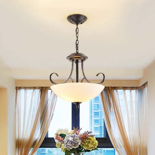 Iron Swirled Arm Retro Ceiling Light for Dining Room with 3 Heads and White Glass Shade