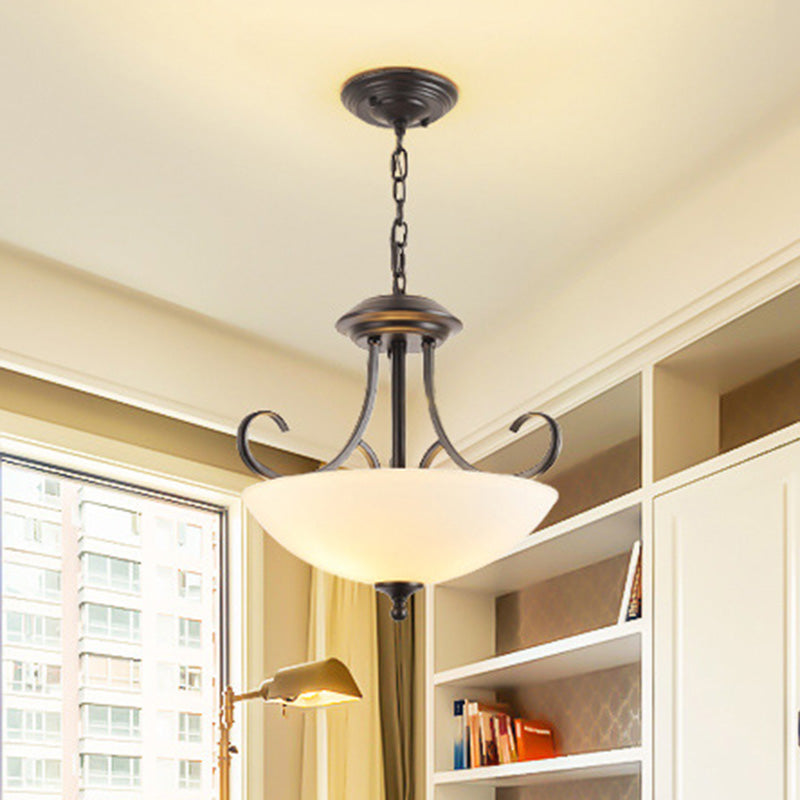Iron Swirled Arm Retro Ceiling Light for Dining Room with 3 Heads and White Glass Shade