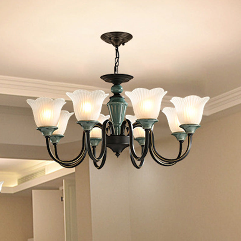 Rustic Floral Chandelier with Blackish Green Suspension and Frosted Glass for Living Room