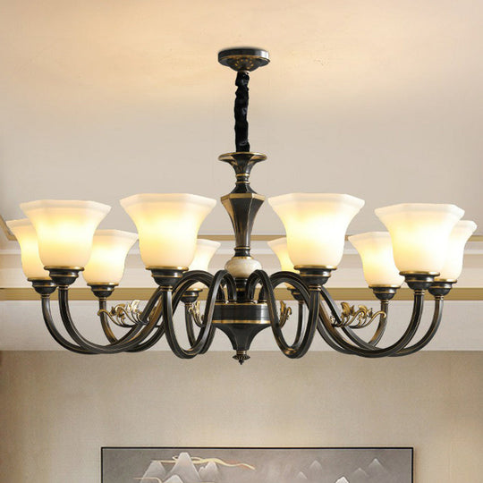 Black Iron Chandelier with Curved Arm and Frosted Glass Shade - Traditional Ceiling Lighting Fixture