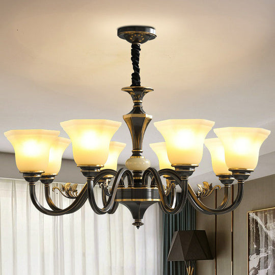 Black Iron Chandelier with Curved Arm and Frosted Glass Shade - Traditional Ceiling Lighting Fixture