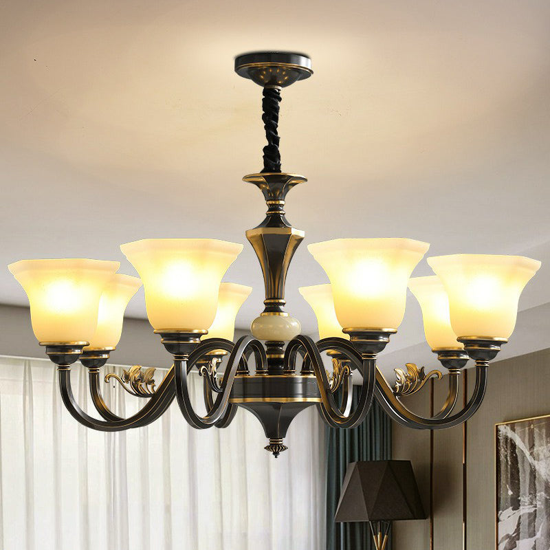 Black Iron Chandelier with Curved Arm and Frosted Glass Shade - Traditional Ceiling Lighting Fixture