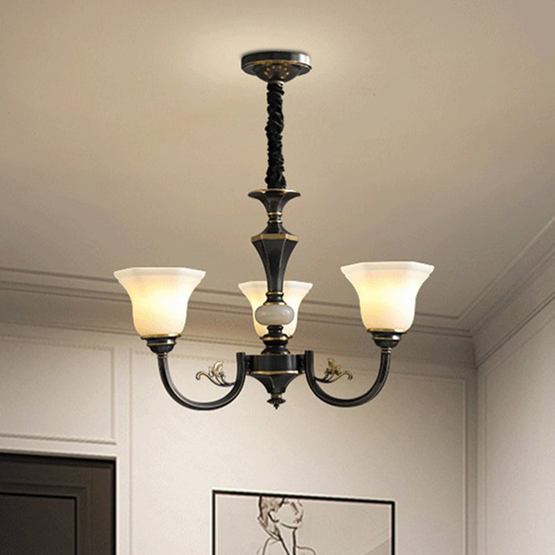 Black Iron Chandelier with Curved Arm and Frosted Glass Shade - Traditional Ceiling Lighting Fixture