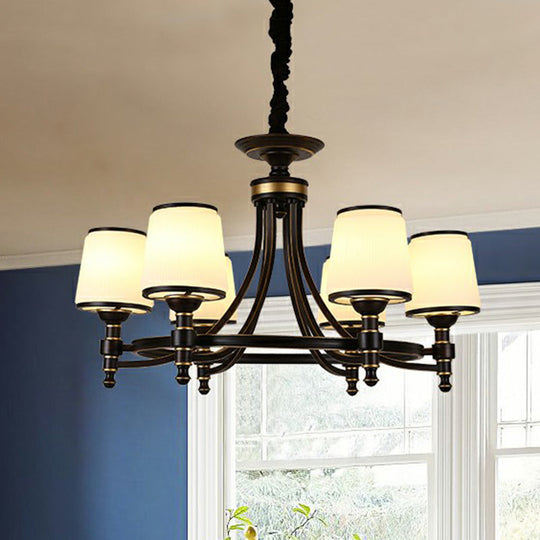 Rustic Ribbed Glass Dining Room Chandelier with Black Tapered Shade