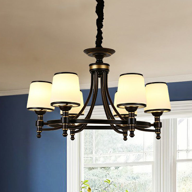 Rustic Ribbed Glass Dining Room Chandelier with Black Tapered Shade