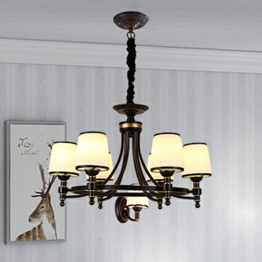 Rustic Ribbed Glass Dining Room Chandelier with Black Tapered Shade