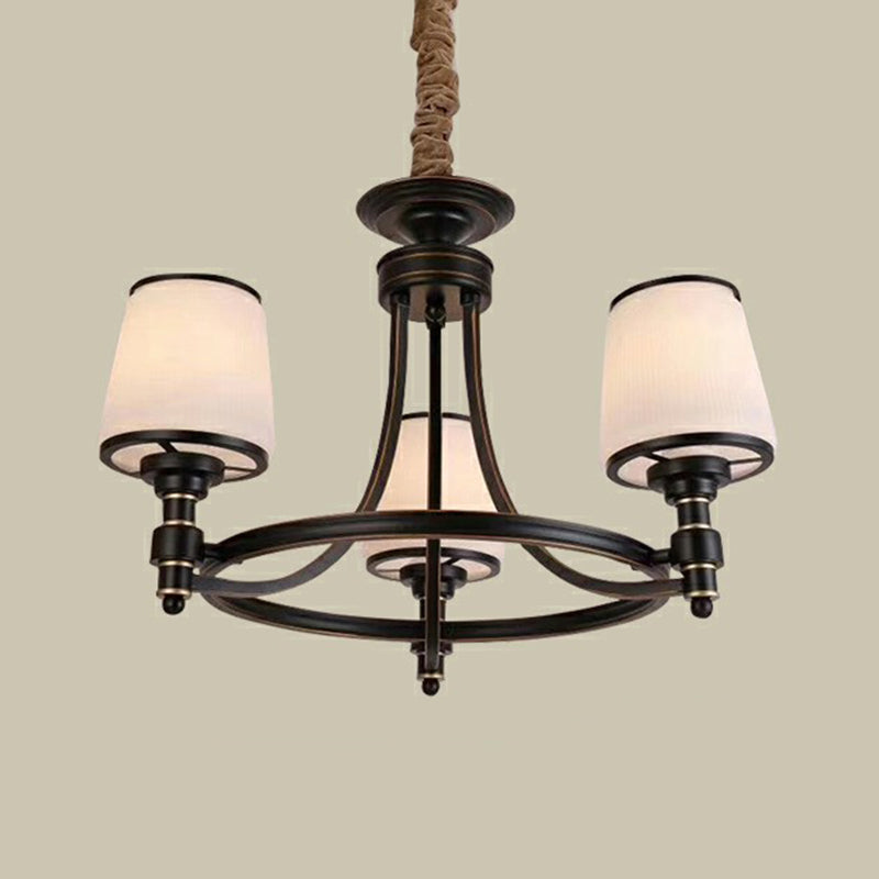 Rustic Ribbed Glass Dining Room Chandelier with Black Tapered Shade