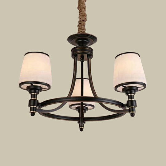Rustic Ribbed Glass Dining Room Chandelier with Black Tapered Shade