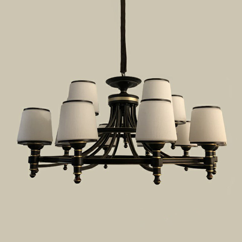 Rustic Ribbed Glass Dining Room Chandelier with Black Tapered Shade