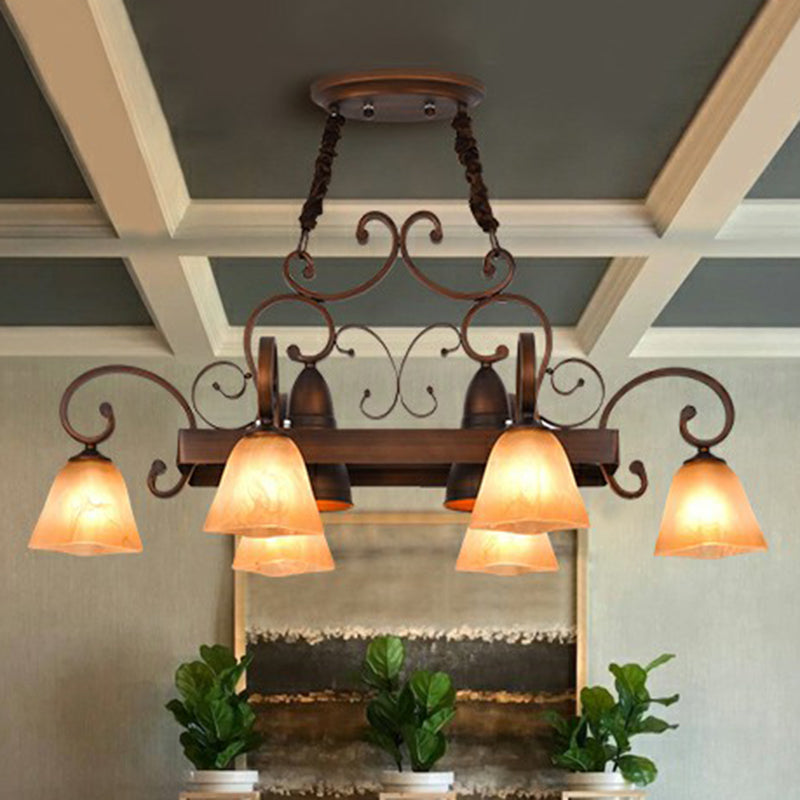Copper Swirled Arm Chandelier with Bell Beige Glass Shade - Classic Dining Room Pendant Light