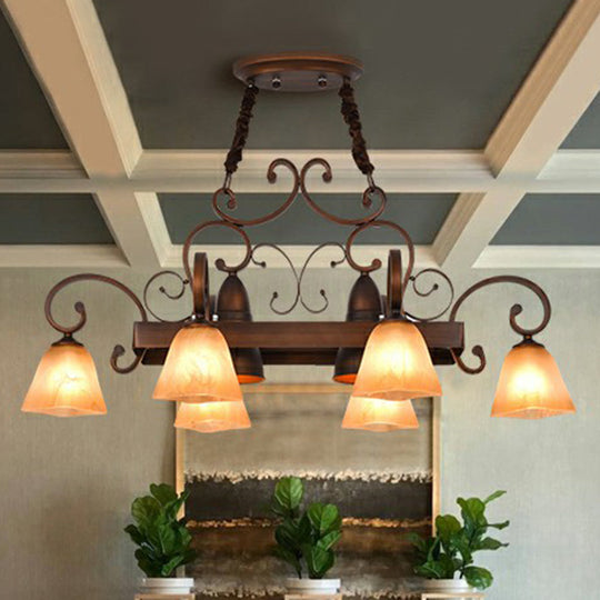 Copper Swirled Arm Chandelier with Bell Beige Glass Shade - Classic Dining Room Pendant Light