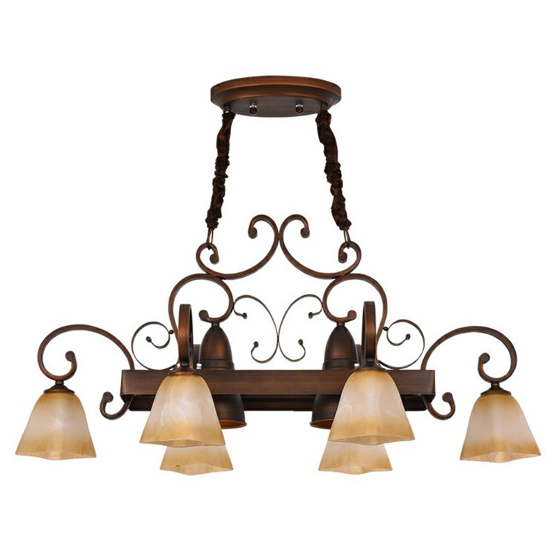 Copper Swirled Arm Chandelier with Bell Beige Glass Shade - Classic Dining Room Pendant Light