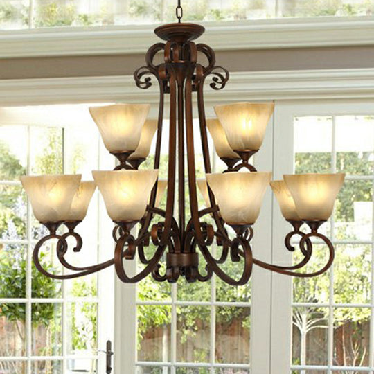 Opal Glass Chandelier Light Fixture - Traditional Bell Ceiling Lighting with Scroll Arm in Copper
