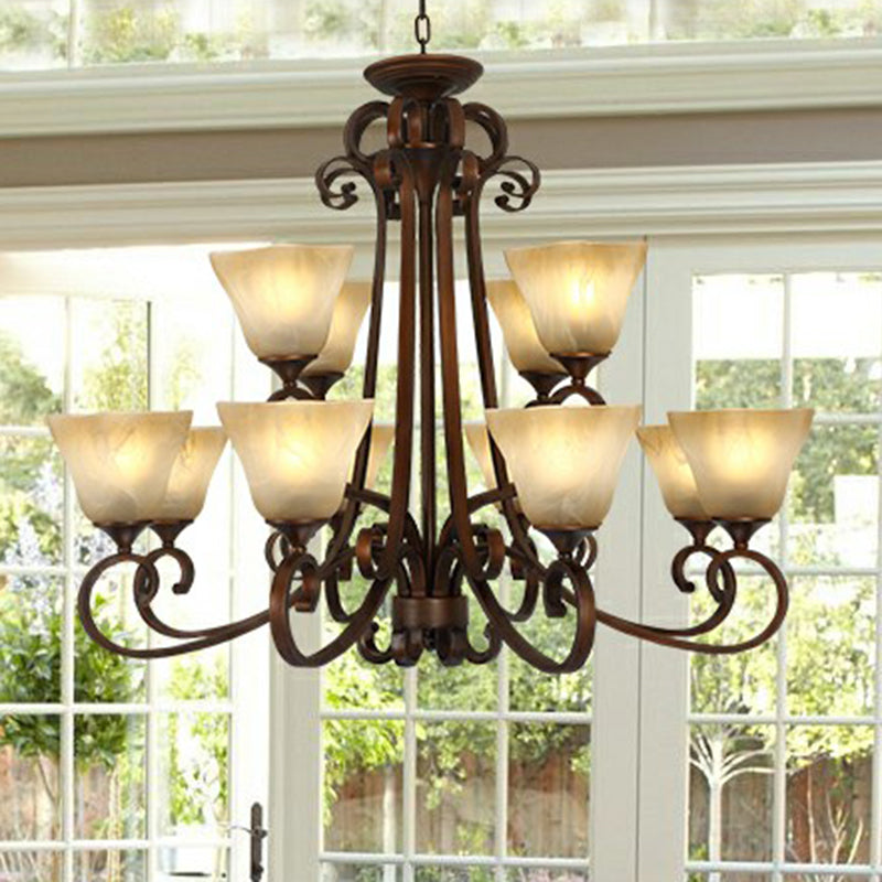 Opal Glass Chandelier Light Fixture - Traditional Bell Ceiling Lighting with Scroll Arm in Copper
