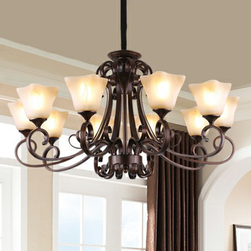 Opal Glass Chandelier Light Fixture - Traditional Bell Ceiling Lighting with Scroll Arm in Copper