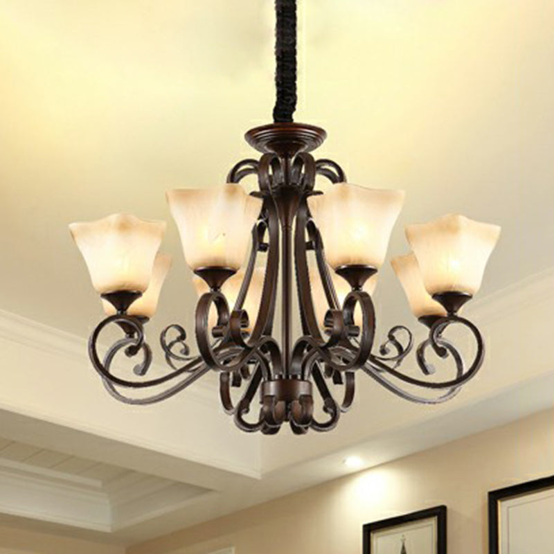 Opal Glass Chandelier Light Fixture - Traditional Bell Ceiling Lighting with Scroll Arm in Copper
