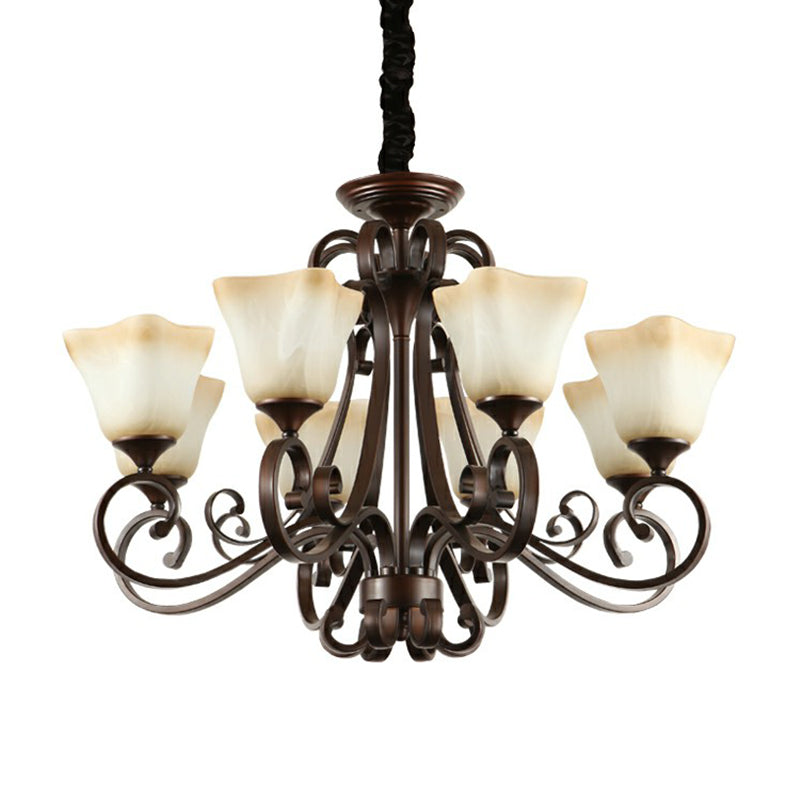 Opal Glass Chandelier Light Fixture - Traditional Bell Ceiling Lighting with Scroll Arm in Copper