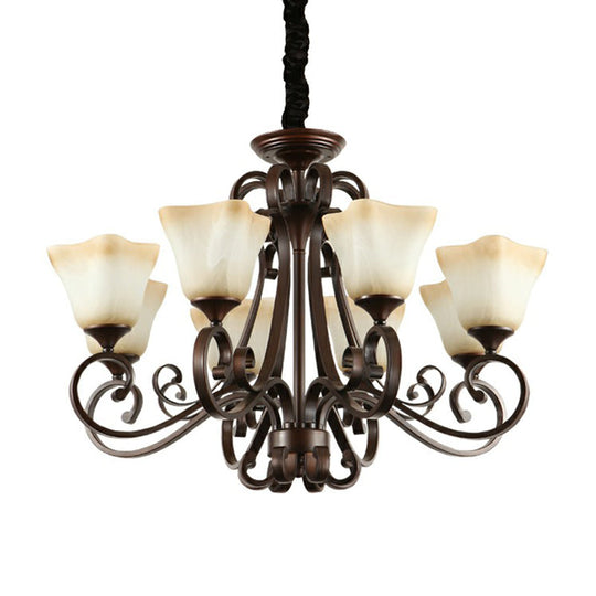 Opal Glass Chandelier Light Fixture - Traditional Bell Ceiling Lighting with Scroll Arm in Copper