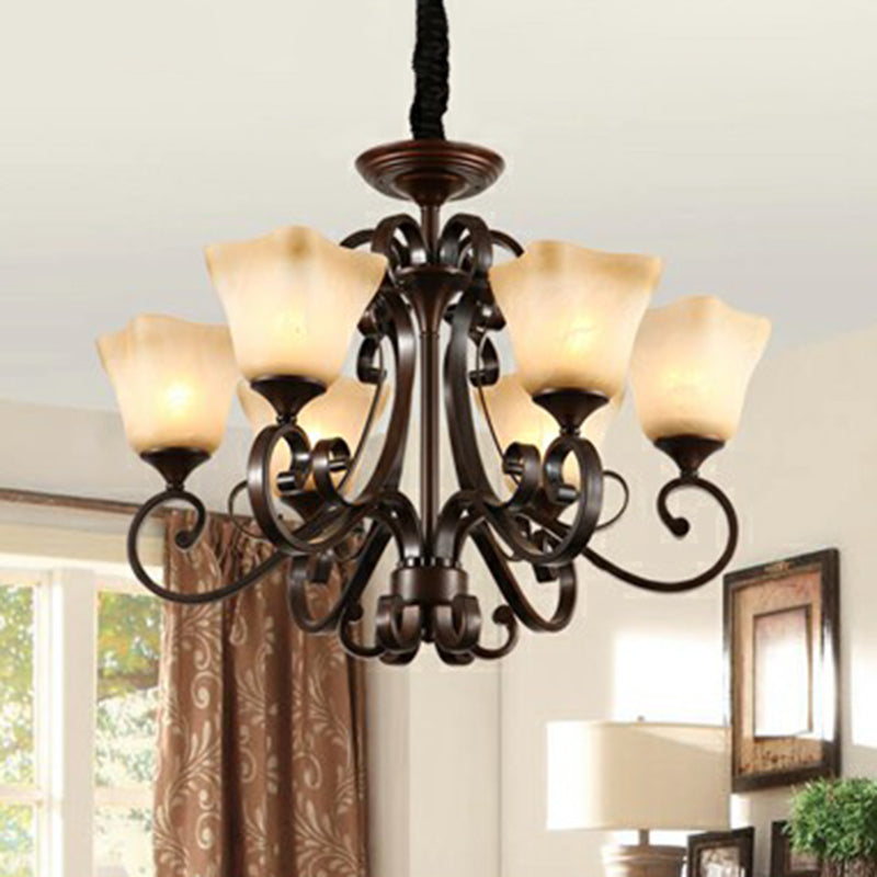 Opal Glass Chandelier Light Fixture - Traditional Bell Ceiling Lighting with Scroll Arm in Copper