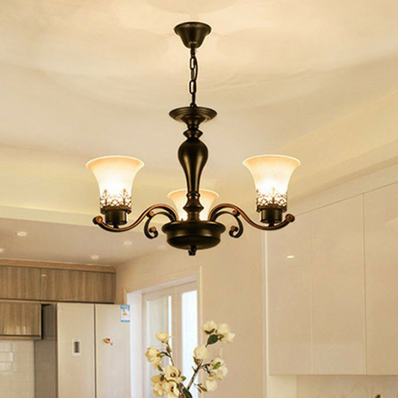 Retro Black Glass Flare Chandelier - Cream Pendant Light for Living Room