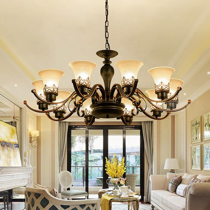 Retro Black Glass Flare Chandelier - Cream Pendant Light for Living Room