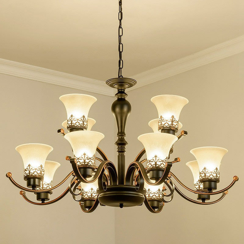 Retro Black Glass Flare Chandelier - Cream Pendant Light for Living Room
