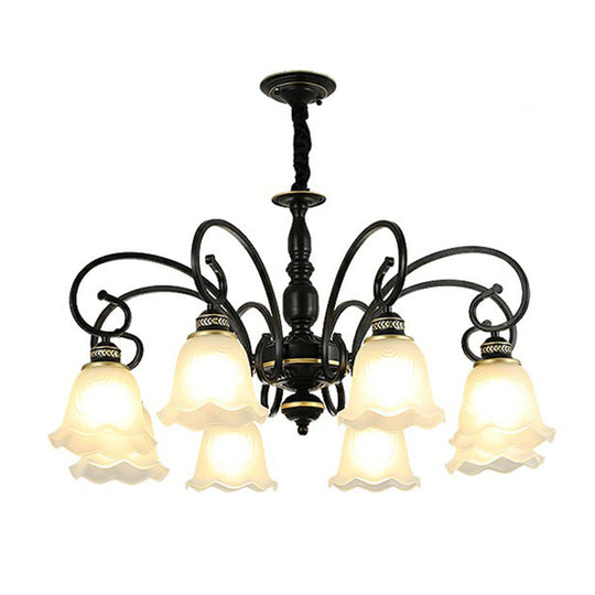 Rustic White Glass Chandelier with Ruffle Trim - Dining Room Suspension Light