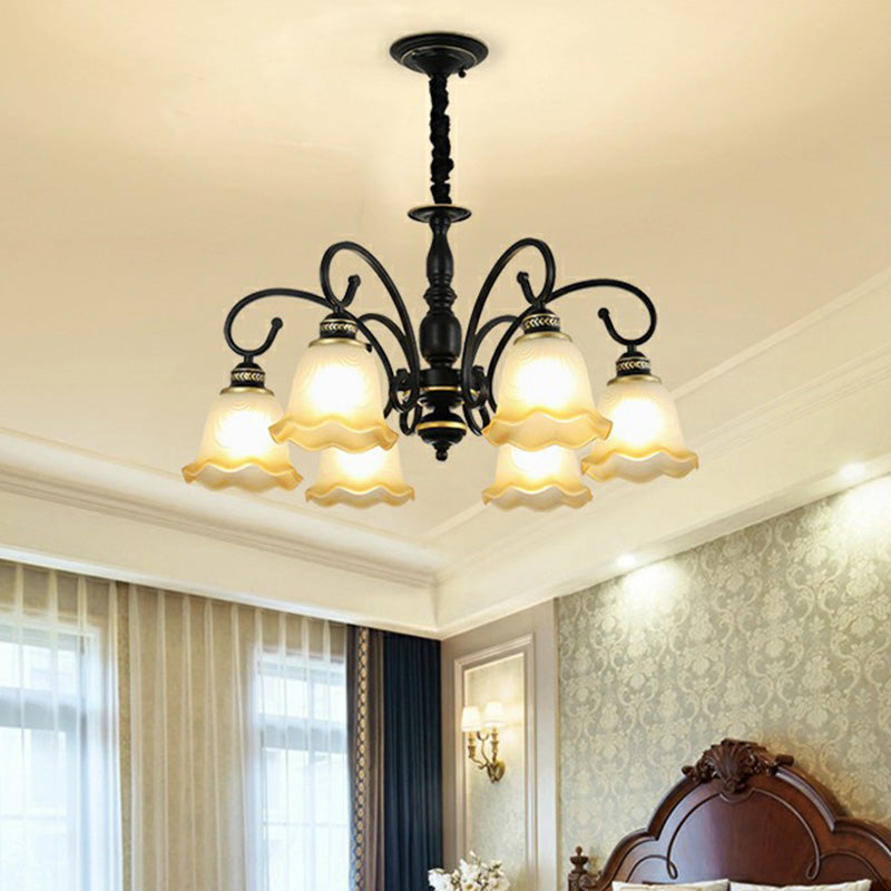 Rustic White Glass Chandelier with Ruffle Trim - Dining Room Suspension Light