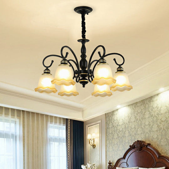 Rustic White Glass Chandelier with Ruffle Trim - Dining Room Suspension Light