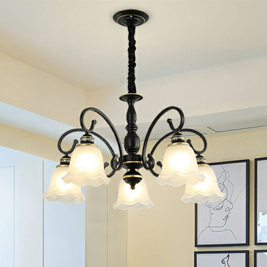 Rustic White Glass Chandelier with Ruffle Trim - Dining Room Suspension Light