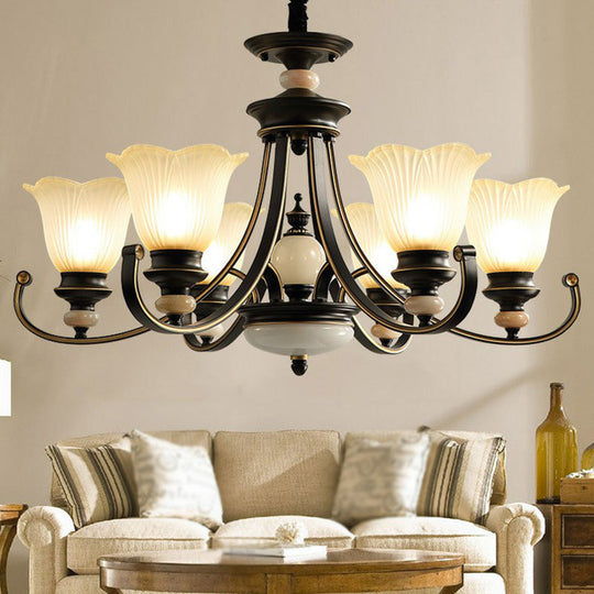 Black Frosted Glass Chandelier: Flower-shaped Pendant Light for Classic Dining Room