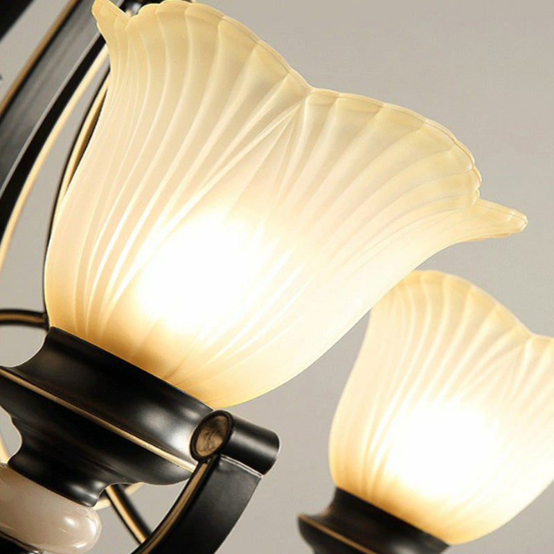 Black Frosted Glass Chandelier: Flower-shaped Pendant Light for Classic Dining Room