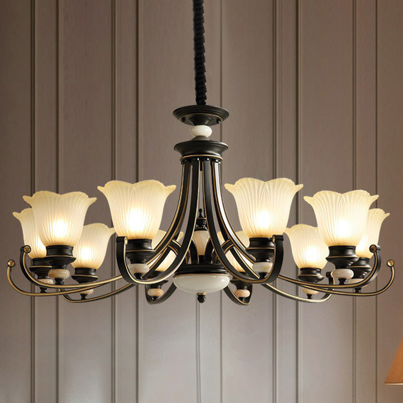 Black Frosted Glass Chandelier: Flower-shaped Pendant Light for Classic Dining Room