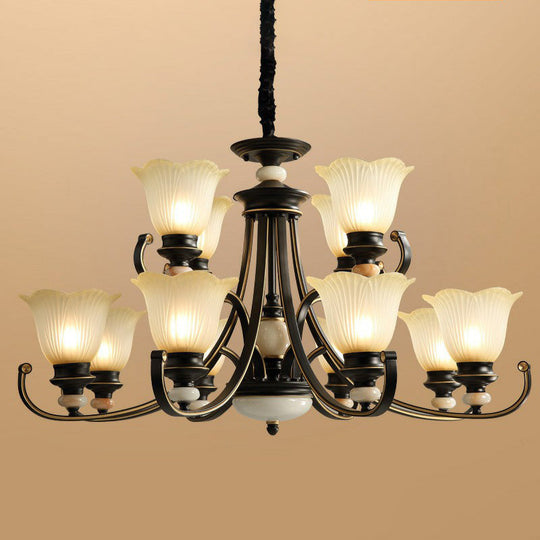 Black Frosted Glass Chandelier: Flower-shaped Pendant Light for Classic Dining Room