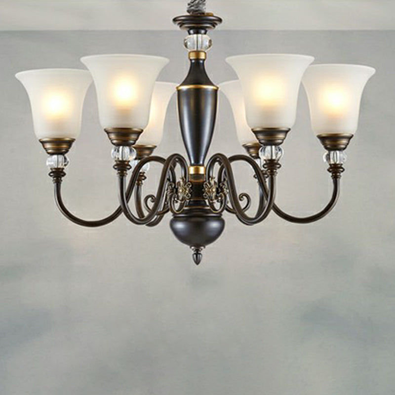 Vintage Iron Living Room Pendant Light with Black Curved Chandelier Design and Opal Glass Shade
