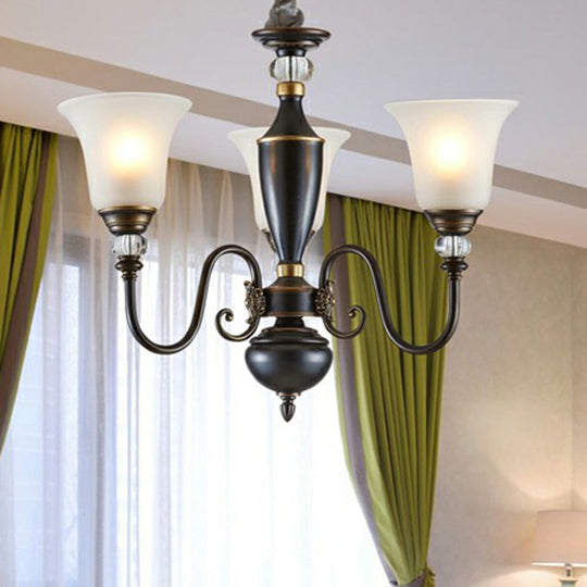 Vintage Iron Living Room Pendant Light with Black Curved Chandelier Design and Opal Glass Shade