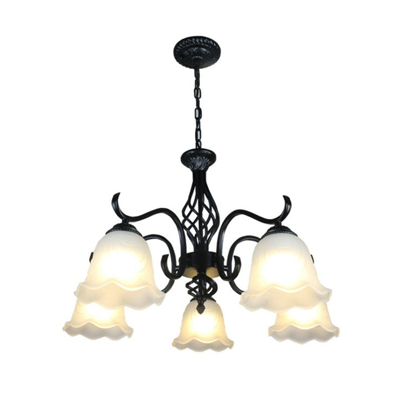 Rustic Black Chandelier Ceiling Light with Cream Glass Bell Shades for Bedroom