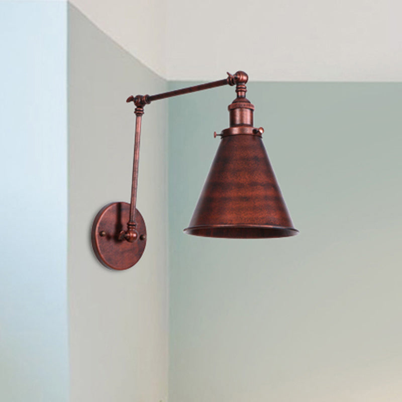 Farmhouse Cone Wall Sconce - Black/Rust Iron Lighting Fixture for Bedroom