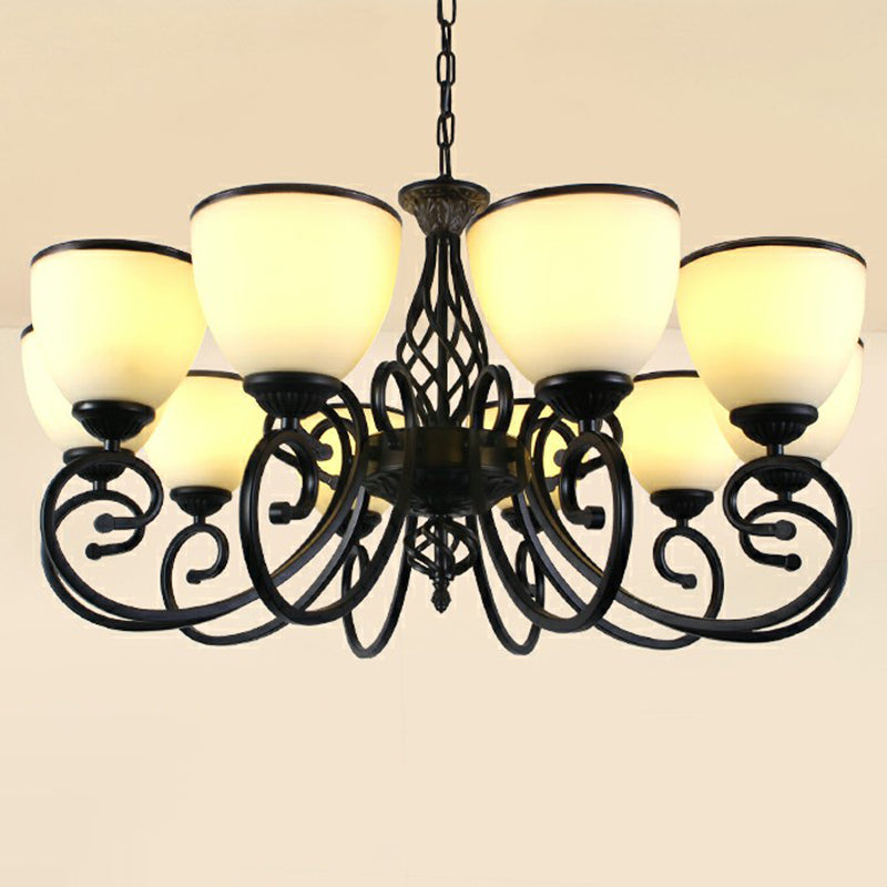 Vintage Swirled Arm Metallic Chandelier Pendant Light with Bell Frost Glass Shade for Living Room