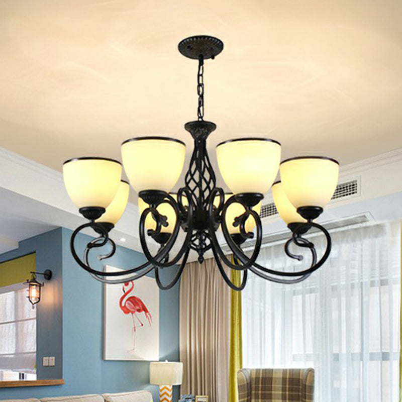Vintage Swirled Arm Metallic Chandelier Pendant Light with Bell Frost Glass Shade for Living Room