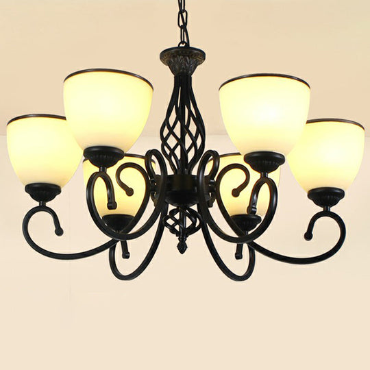 Vintage Swirled Arm Metallic Chandelier Pendant Light with Bell Frost Glass Shade for Living Room