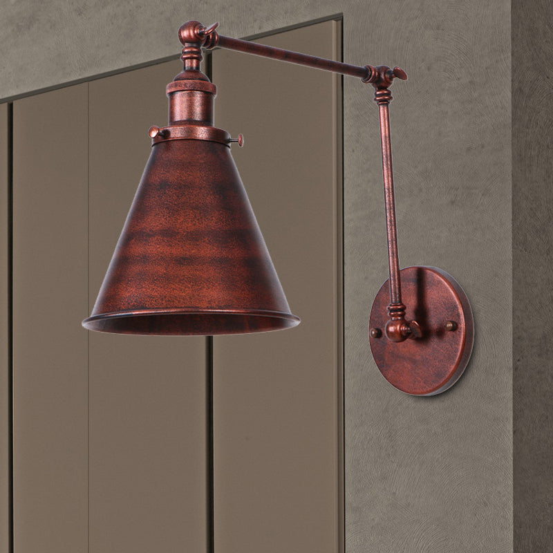 Farmhouse Cone Wall Sconce - Black/Rust Iron Lighting Fixture for Bedroom