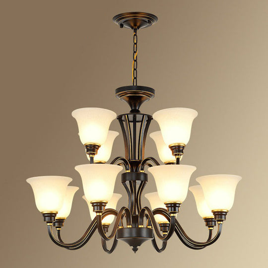 Rustic Bell Shaped Suspension Light Chandelier - Cream Glass, Perfect for Dining Room