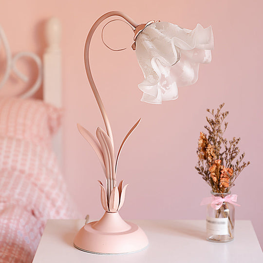 Korean Opal Glass Pink Lily Table Lamp - Elegant Nightstand Light for Single Bedrooms