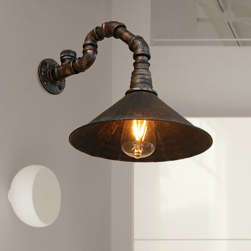 Farmhouse Style Antique Brass Wall Sconce with Metallic Cone & Pipe - 1 Head Dining Room Lighting