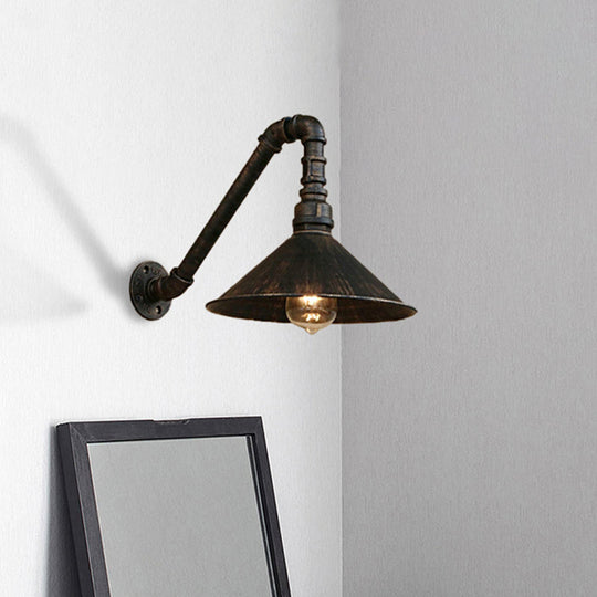 Farmhouse Style Antique Brass Wall Sconce with Metallic Cone & Pipe - 1 Head Dining Room Lighting